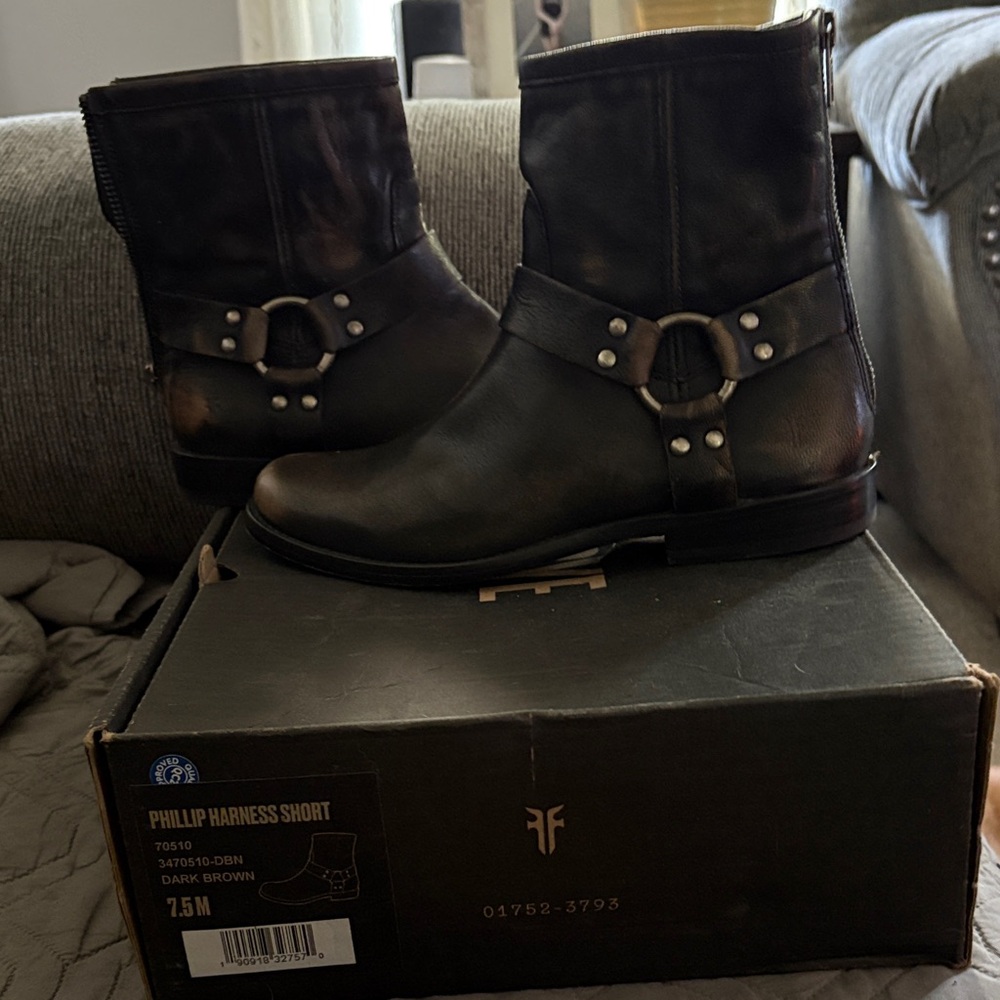 Frye Phillip Harness Short Boots - Dark Brown size 7.5. Slightly used.